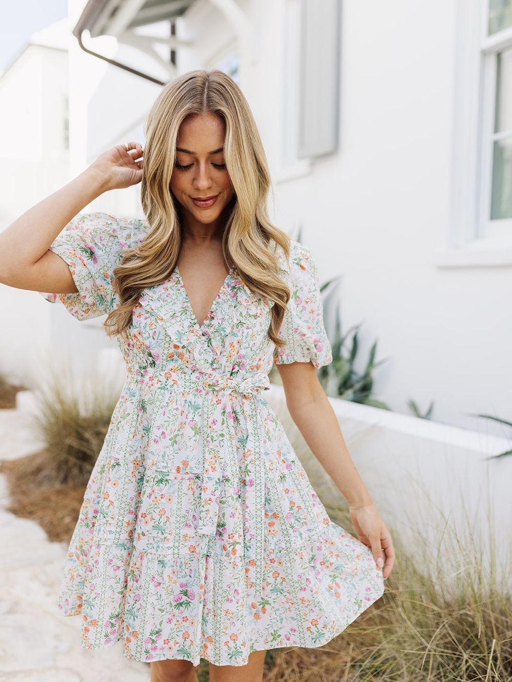 J. Marie Nora Ruffle Wrap Dress Size L NWT Floral Puff Sleeve Cottagecore Mini - Picture 2 of 14